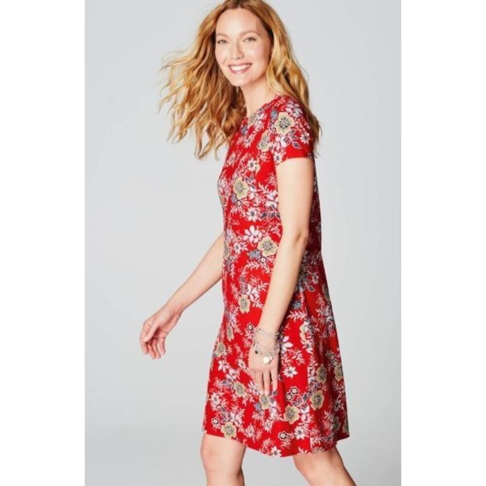 J. Jill Red Floral Stretchy Midi Pullover Sun T Shirt Swing Dress Pockets Sz M